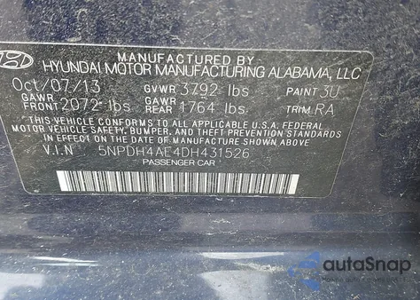 2013 Hyundai Elantra Gls z USA, uszkodzony, nr VIN 5NPDH4AE4DH431526